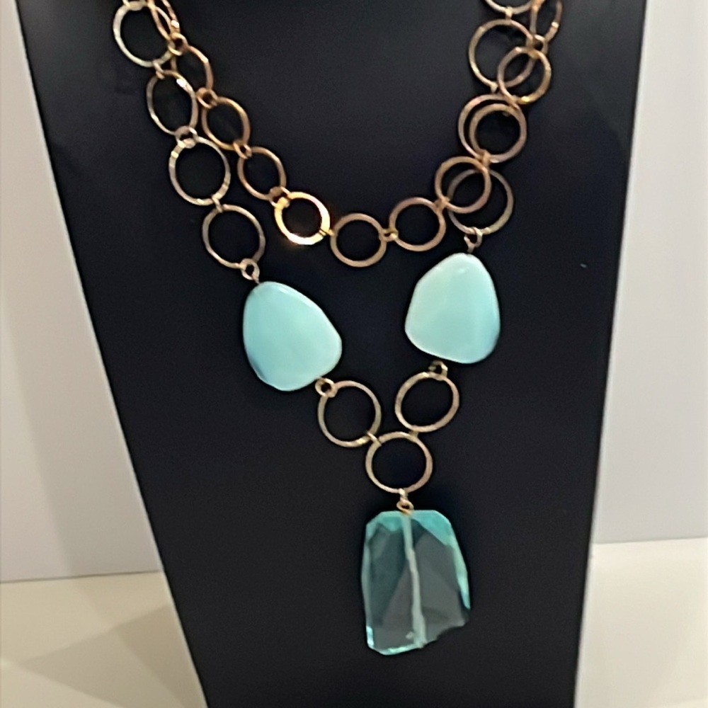 Double Chain Necklace with 3 Aqua colored stones. Goes with everything summer.